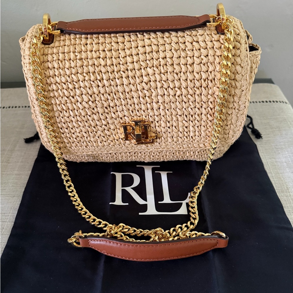 Ralph Lauren Natural Straw Shoulder Bag with Gold Chain